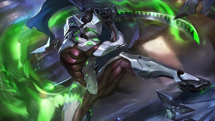 Cyborg ninja in silver armor swings a glowing green sword amidst swirling energy and dark atmospheric shadows.