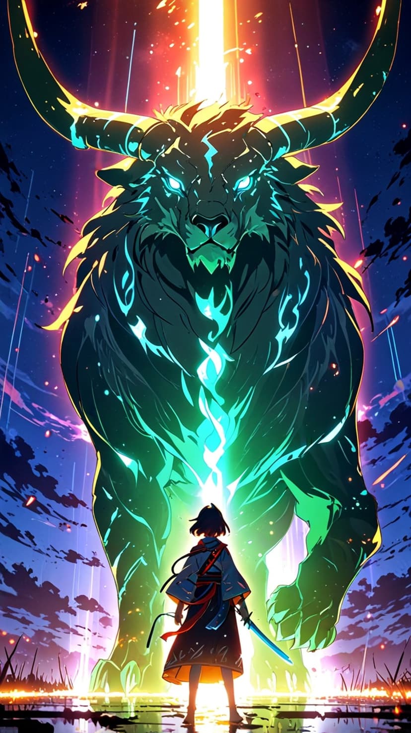 Young woman in a kimono with a sword faces a massive glowing bull spirit amidst swirling blue and orange light.