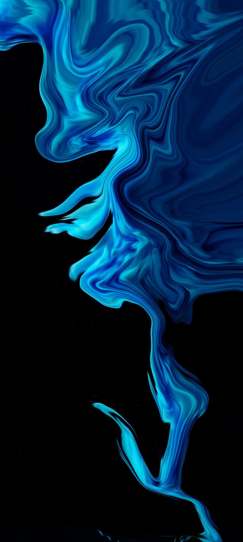 Cyan and navy blue liquid swirls curling and flowing against a solid matte black background with soft gradients.