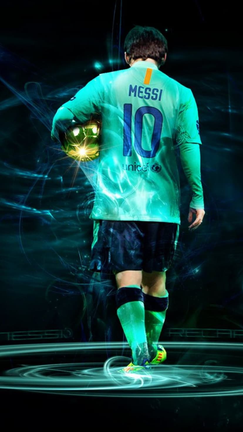 Lionel Messi stands from behind in a glowing teal jersey number 10 holding a radiant blue sphere amidst smoke.