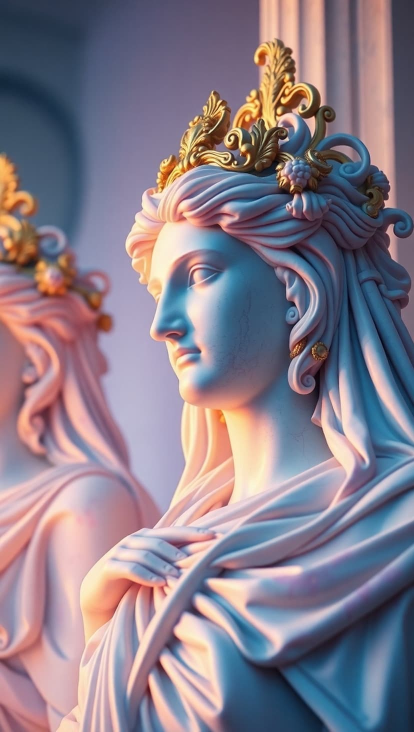 Marble goddess statue wearing a detailed golden crown against a soft background with an atmospheric reflection.