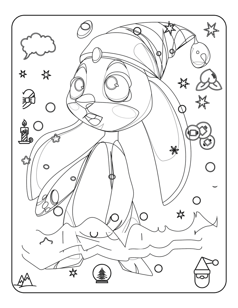 Christmas bunny coloring page showing a rabbit wearing a hat beside a snow globe, candle, and holiday tree.