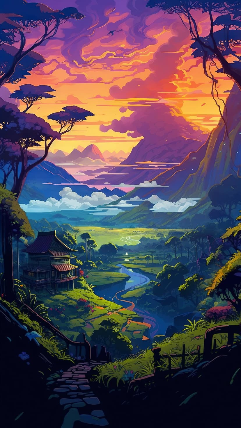 Traditional wooden house nestled in a green valley under a vibrant orange and purple sunset with a winding river.