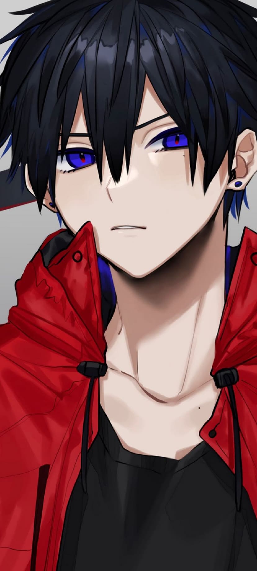 Black-haired young man with luminous blue eyes wears a red jacket in a high-contrast vertical anime portrait.