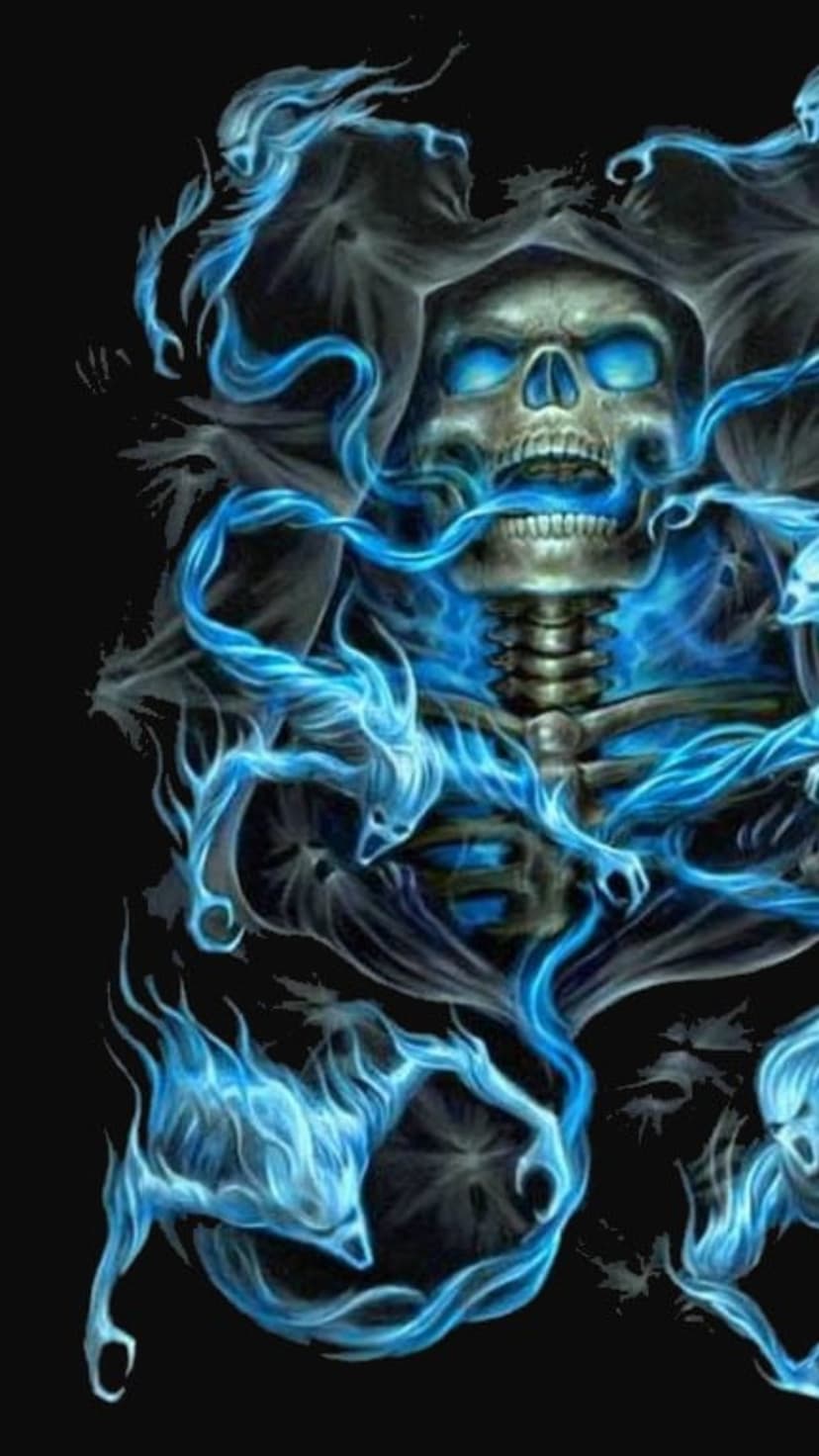 Skeleton in a dark hood with bright blue fire swirling around its skull and bony hands against a black backdrop.