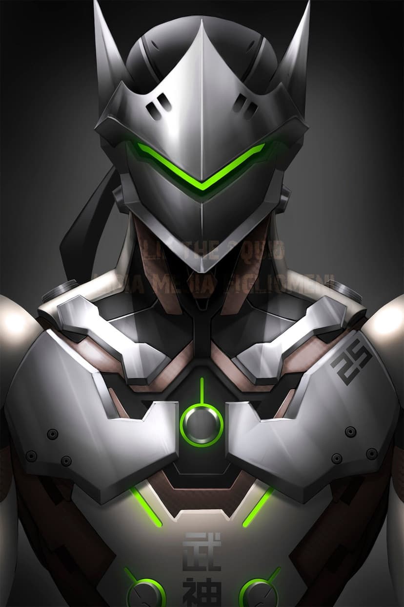 Genji cybernetic ninja portrait featuring a silver helmet with a glowing green visor and metallic armor plating.
