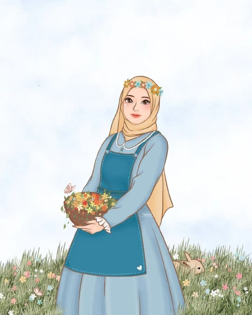 Young woman wearing a yellow hijab and blue dress holds a flower basket in a meadow with a rabbit and butterfly.