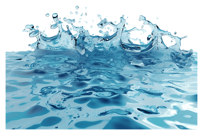 Realistic blue water splash featuring frozen droplets and translucent ripples against a transparent background.