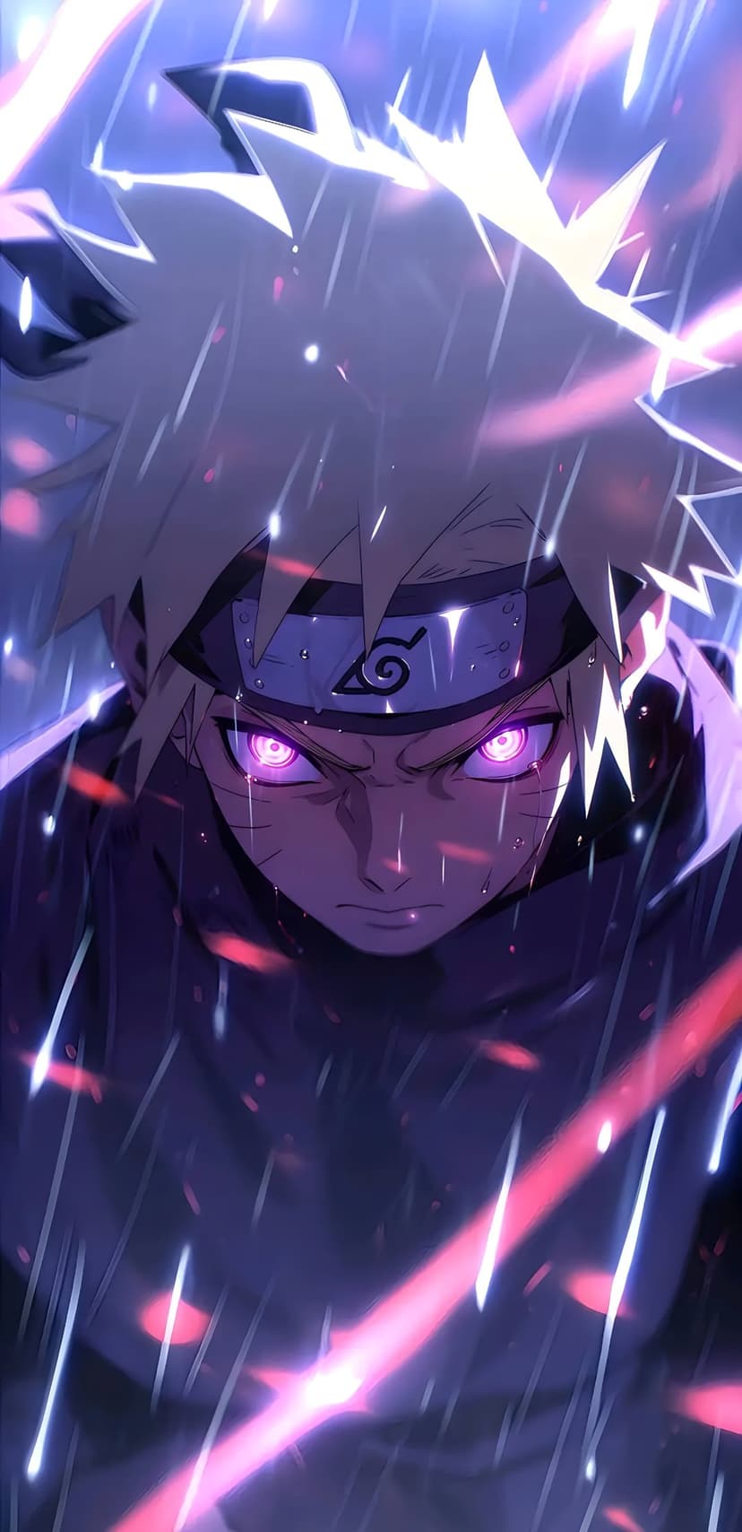 Naruto Uzumaki with glowing purple eyes stands in falling rain under dramatic, high-contrast atmospheric lighting.