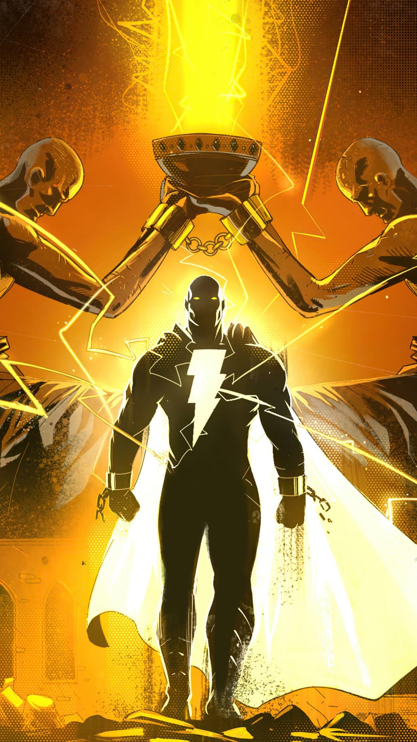 Black Adam stands over figures holding a glowing yellow artifact while lightning crackles across a dark scene.