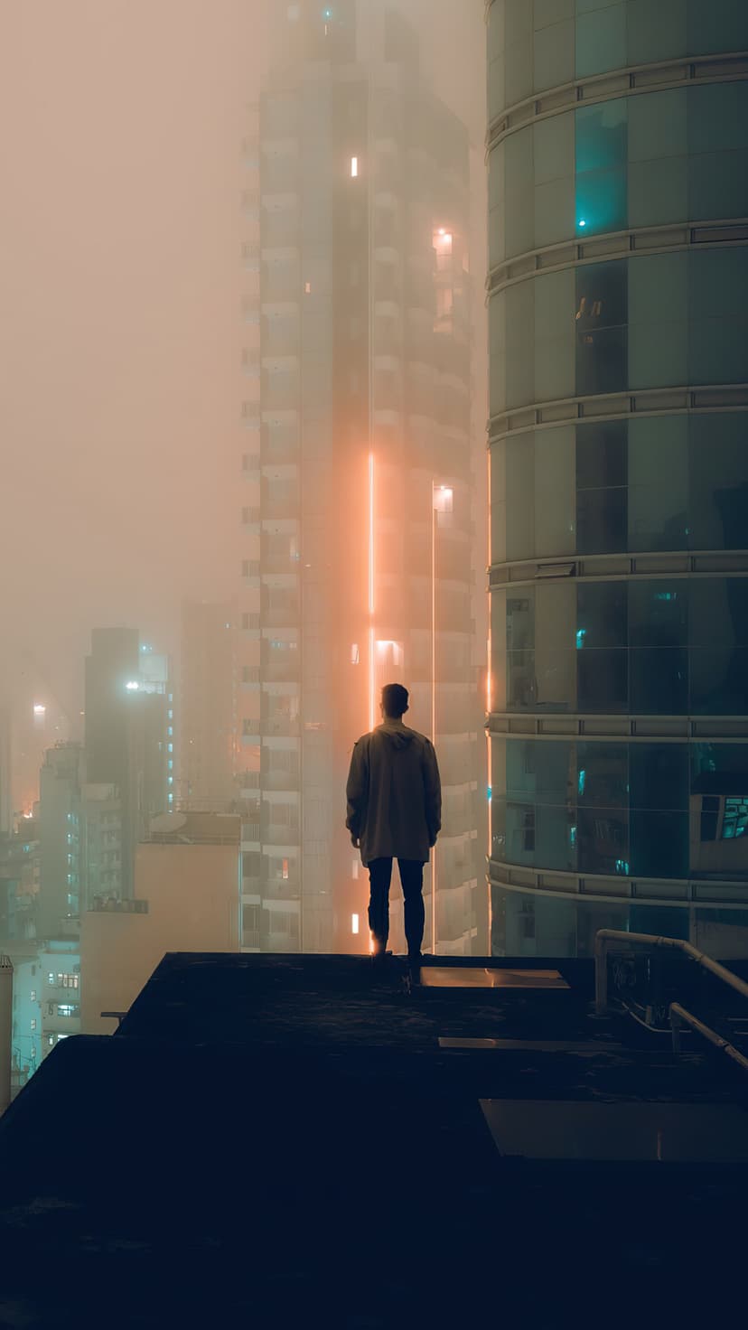 Person standing on a skyscraper rooftop overlooking a hazy city with glowing windows in the heavy mist.