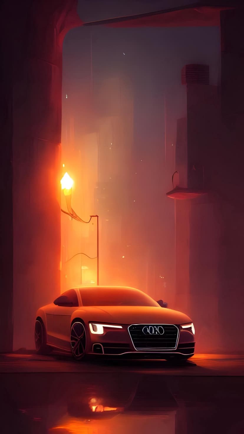 Audi sports car silhouette illuminated by amber lighting on a wet city street at night with soft reflections.