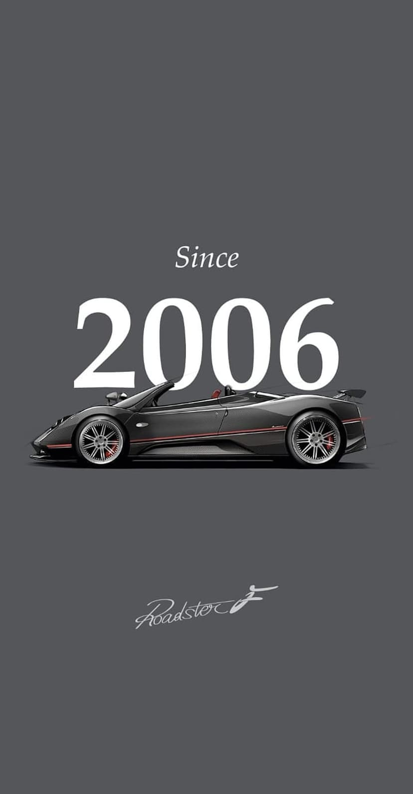 Pagani Zonda Roadster F supercar in side profile against charcoal grey with large white Since 2006 text overlay.