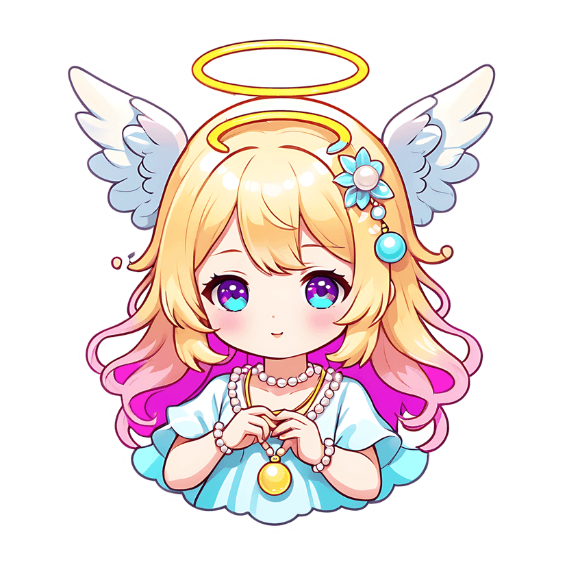 Chibi angel sticker features blonde hair blue eyes white wings blue dress and a golden locket with white borders.