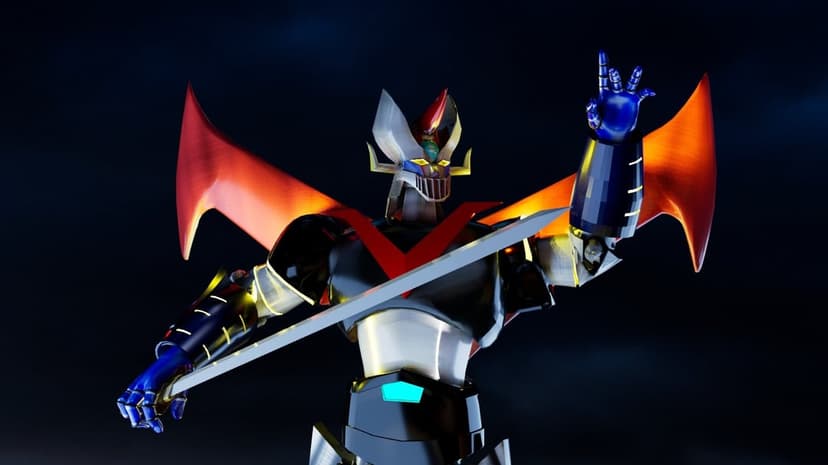 Great Mazinger 3D model holding a silver sword and posing against a dark blue atmospheric textured background.