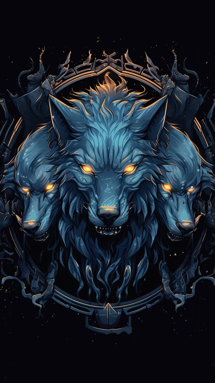 Three-headed blue wolf with glowing orange eyes and a fiery mane encased in a dark metallic frame.