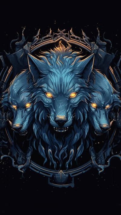 Three-headed blue wolf with glowing eyes, dark fantasy art