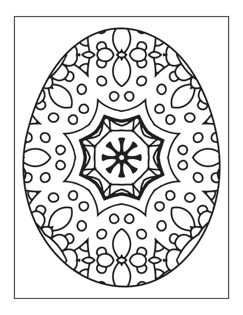 Mandala Easter egg outline featuring symmetrical floral patterns and geometric line art on a black background.
