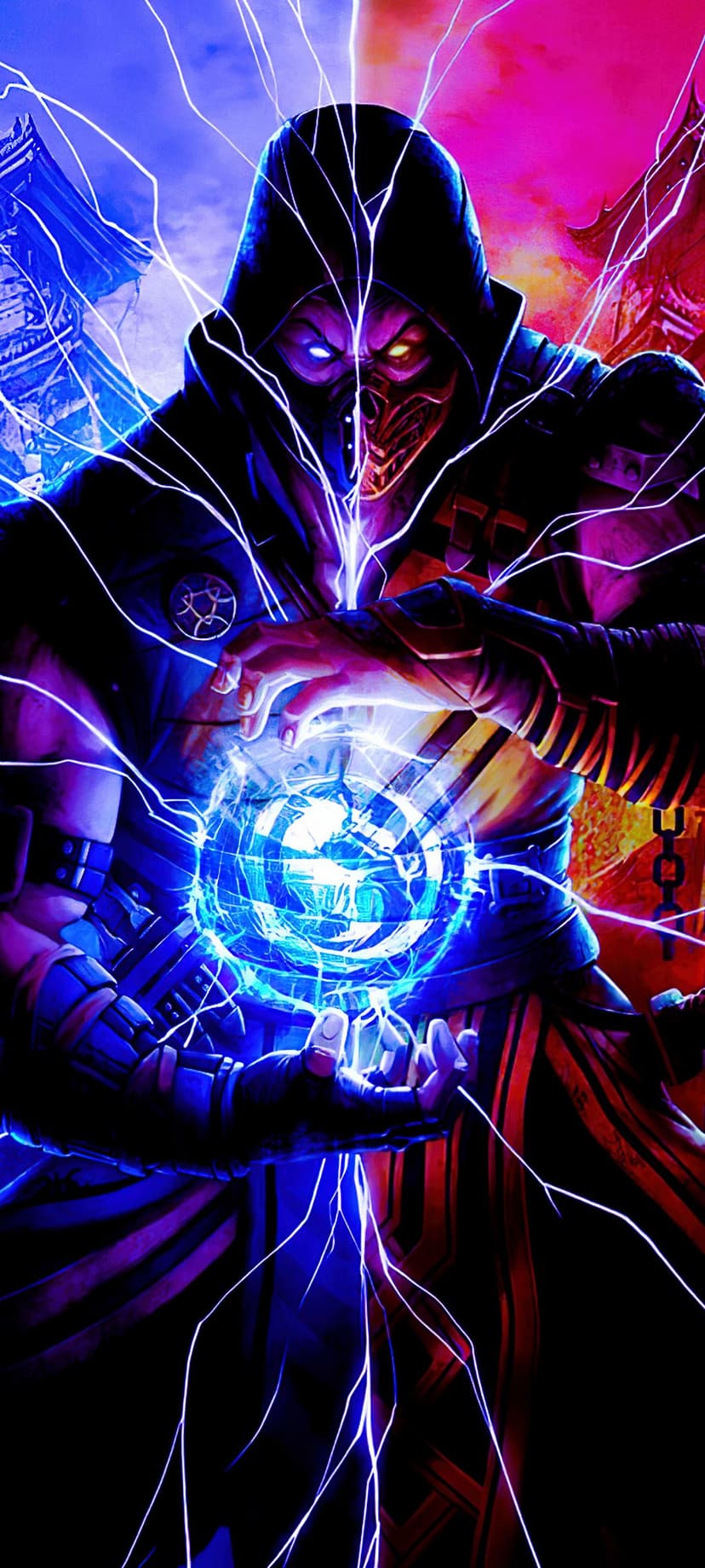 Scorpion from Mortal Kombat conjures a blue energy orb with lightning against a red and blue backdrop.