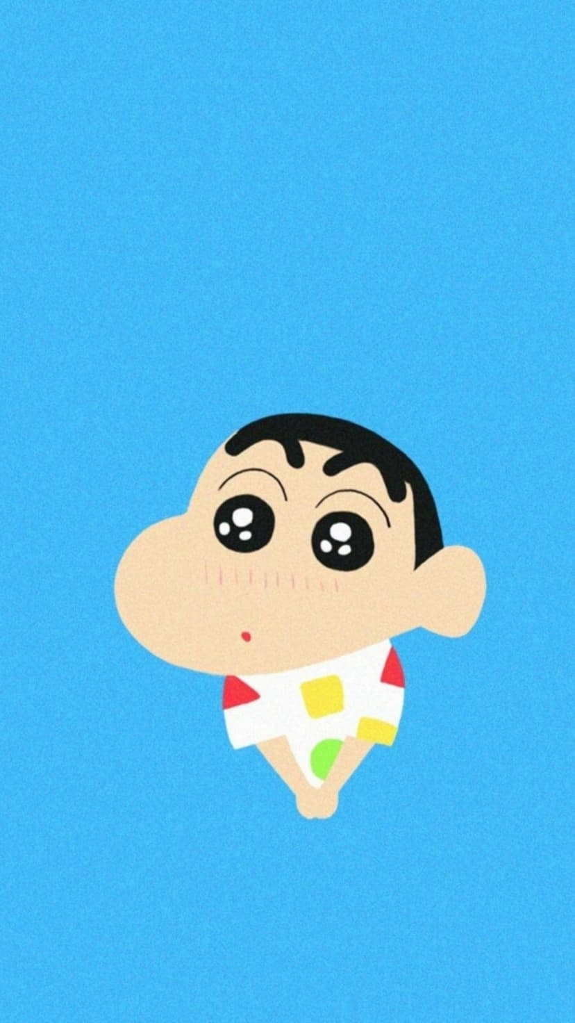 Shin-chan with thick black eyebrows and a cheeky smile appears centered against a solid bright blue backdrop.