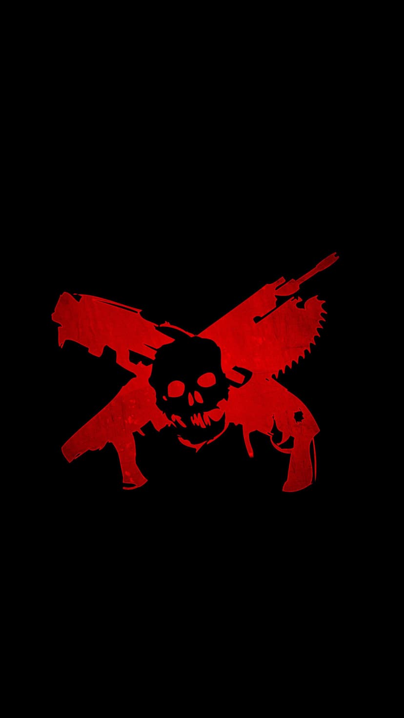 Red stylized skull centered over two crossed black firearms against a solid dark background for phone displays.