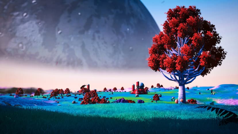Large red tree on cyan grass under a massive grey moon in a sci-fi alien landscape with distant buildings.