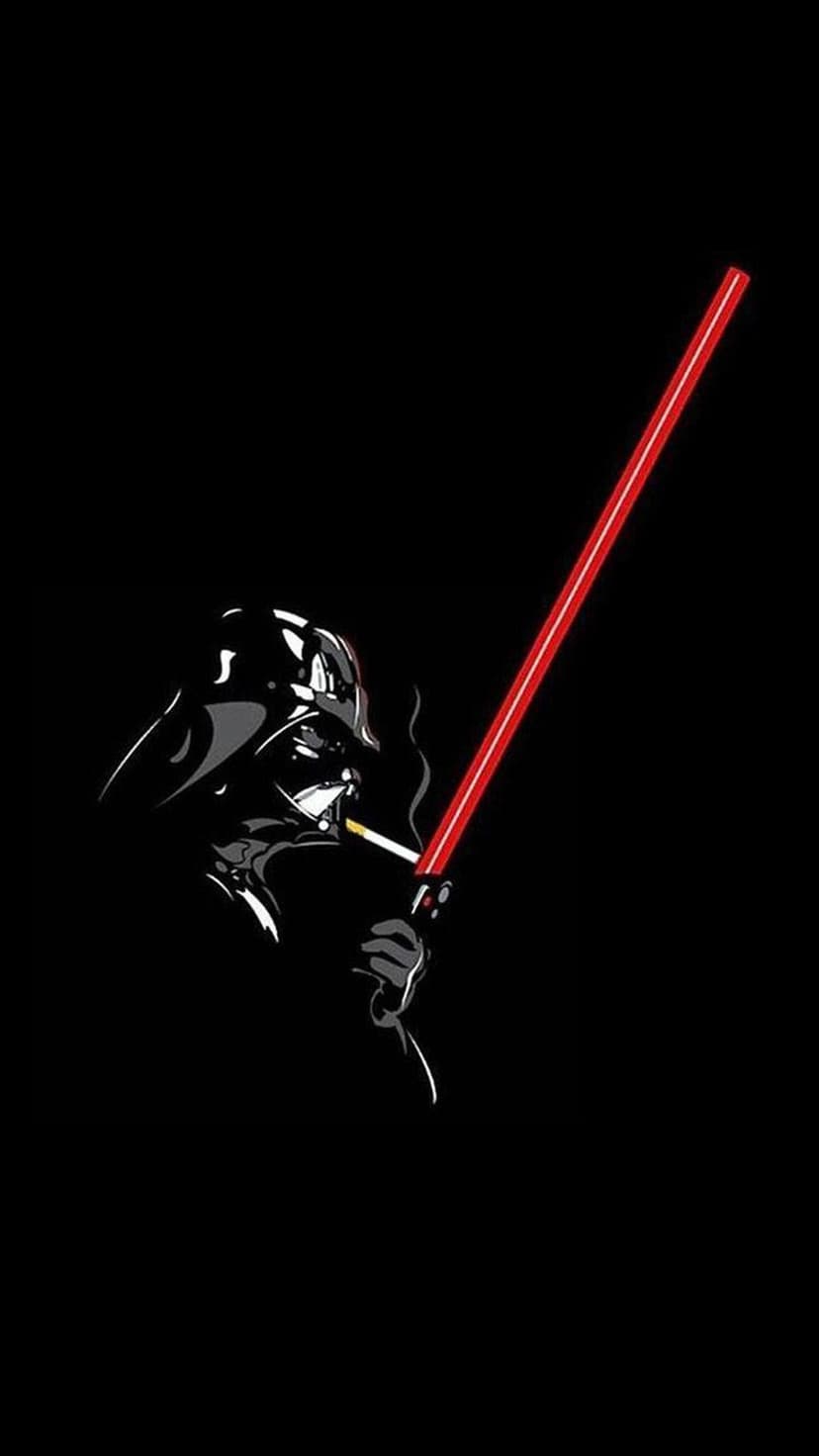 Darth Vader holds a lit cigarette and glowing red lightsaber against a solid black background in silhouette.