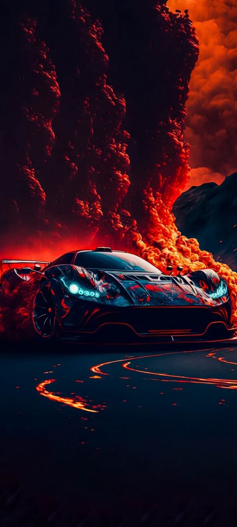 Black supercar with blue headlights driving on a lava-filled road during a massive orange volcanic eruption.