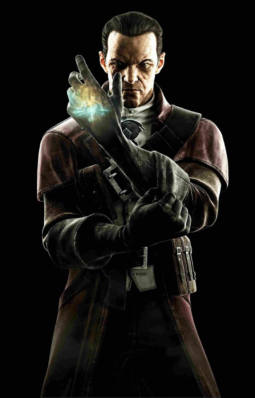 Assassin Daud from Dishonored adjusting a glove with a glowing teal mark on his hand against a black background.