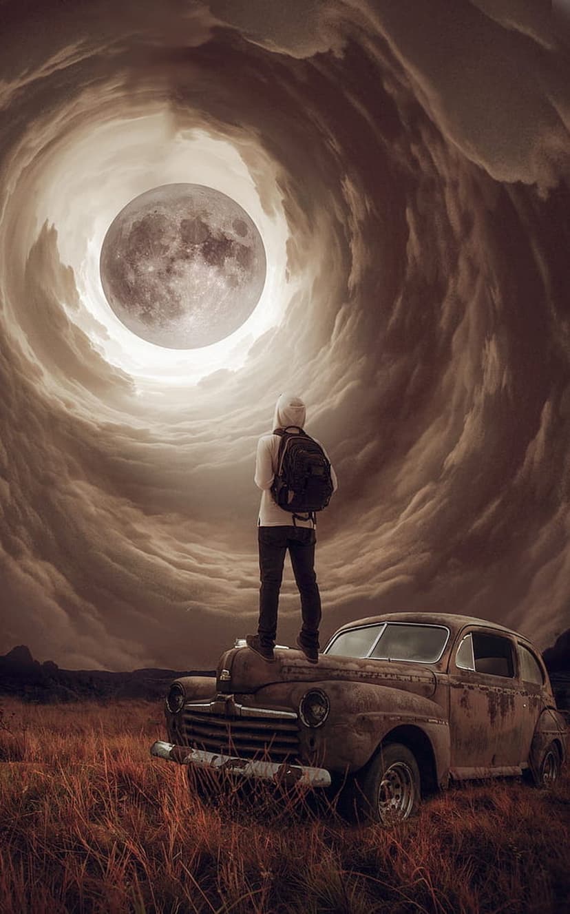 Person with a backpack stands on a vintage car gazing at a massive moon and swirling clouds in a night field.
