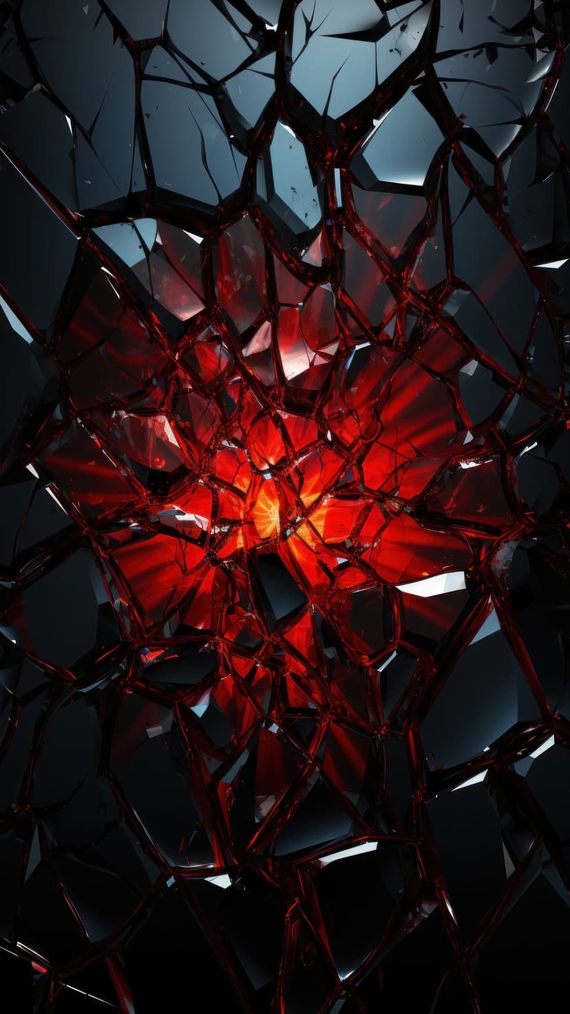 Shattered black glass shards surrounding a radiant red light source with sharp reflective edges and shadows.