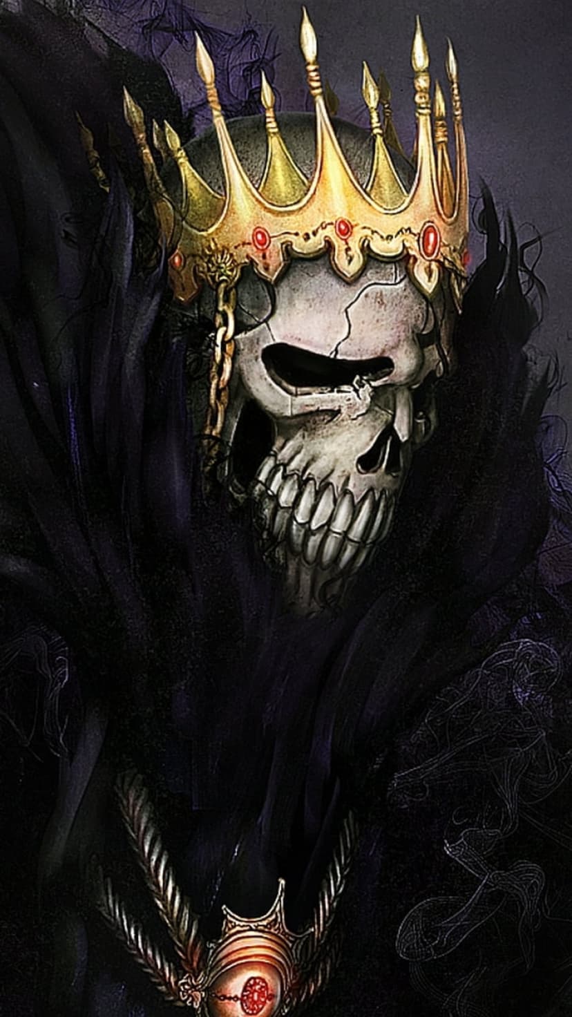 Skeletal king wearing a golden jeweled crown and black cloak with a menacing grin and cracked bone textures.
