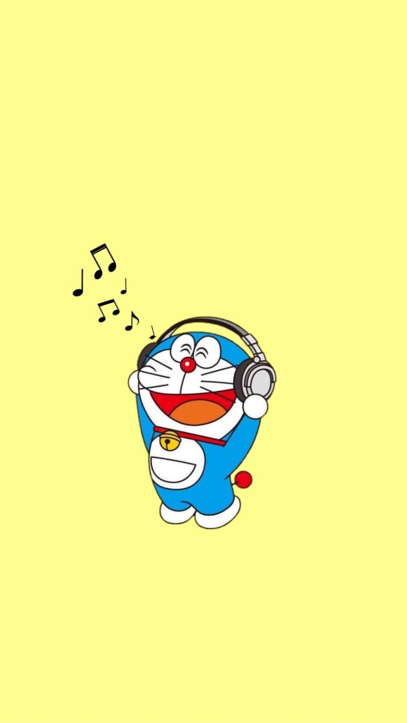 Doraemon wearing headphones with floating musical notes against a bright yellow background in a portrait layout.