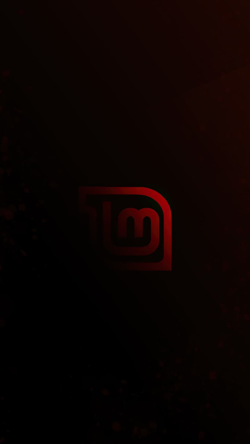 Linux Mint logo with a red gradient glow centered on a black background with faint floating crimson particles.
