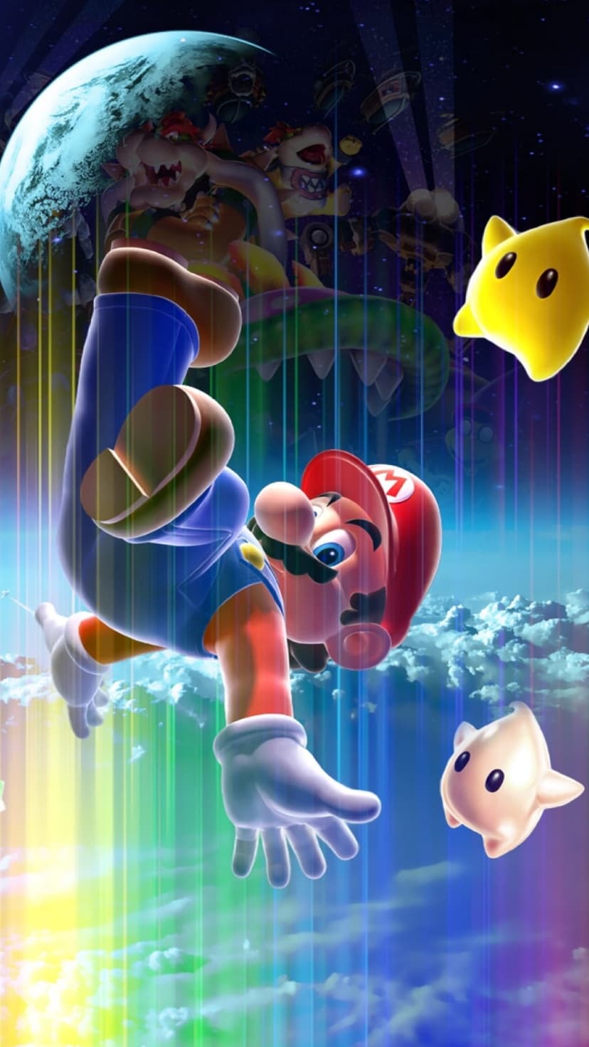 Mario leaps toward a Luma in front of a blue planet and a cosmic nebula with Bowser looming in the distance.