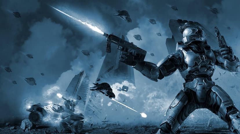 Armored soldier firing dual guns amidst alien ships and a towering city skyline in a blue-tinted sci-fi battle.