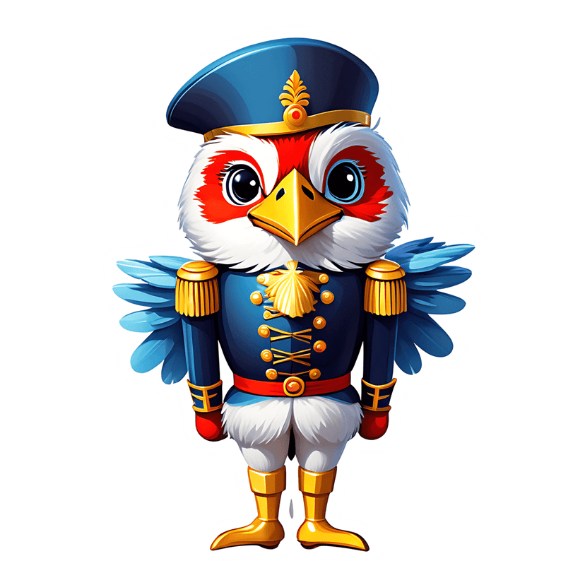 Blue uniform bird sticker features white feathers, a red face, yellow beak, and gold epaulets on blue fabric.