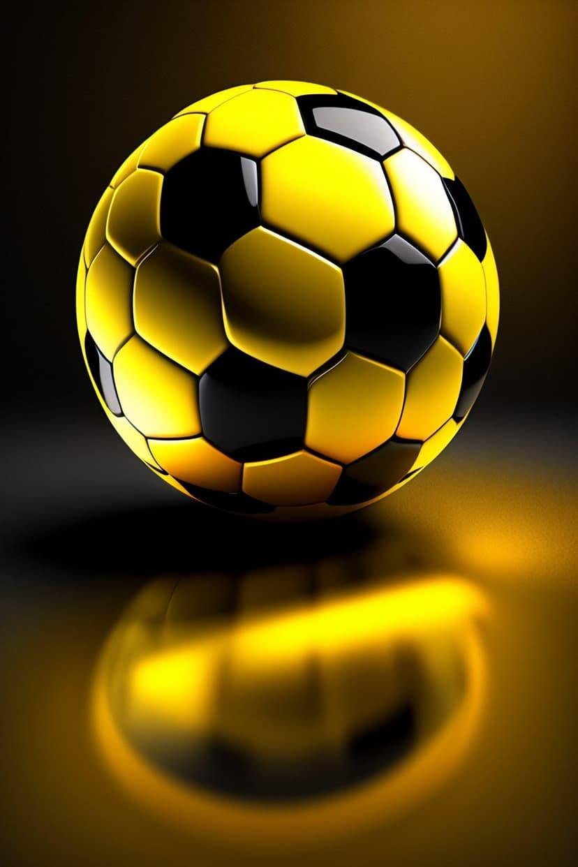 Yellow and black soccer ball floats above a dark glossy floor with a sharp vertical reflection underneath.