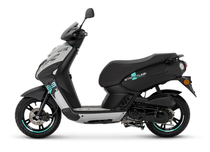 Side view of a white and black Peugeot Streetline scooter with cyan trim on a white studio background.