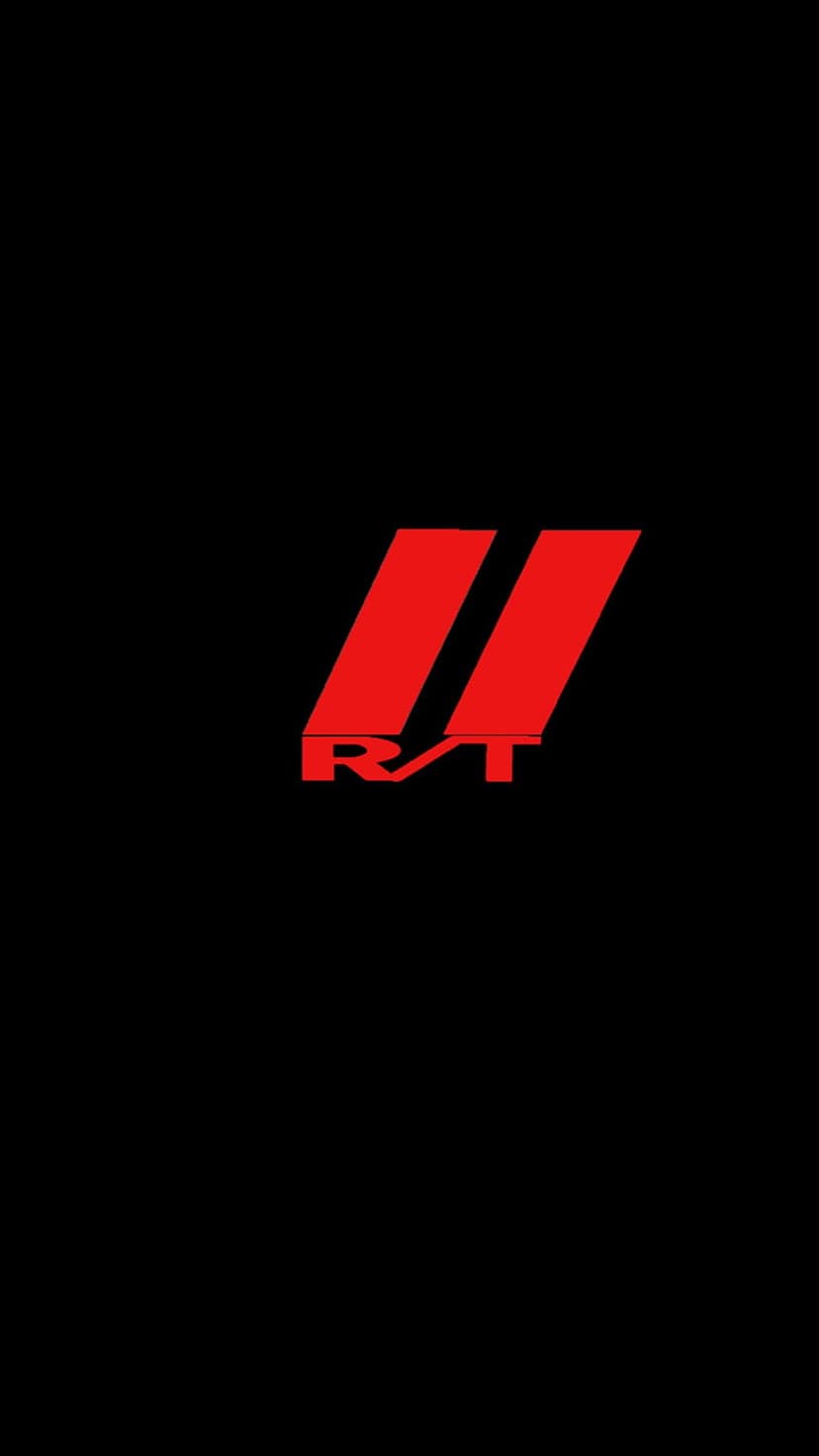 Red Dodge RT emblem and two diagonal stripes centered on a solid black background for a minimalist mobile layout.