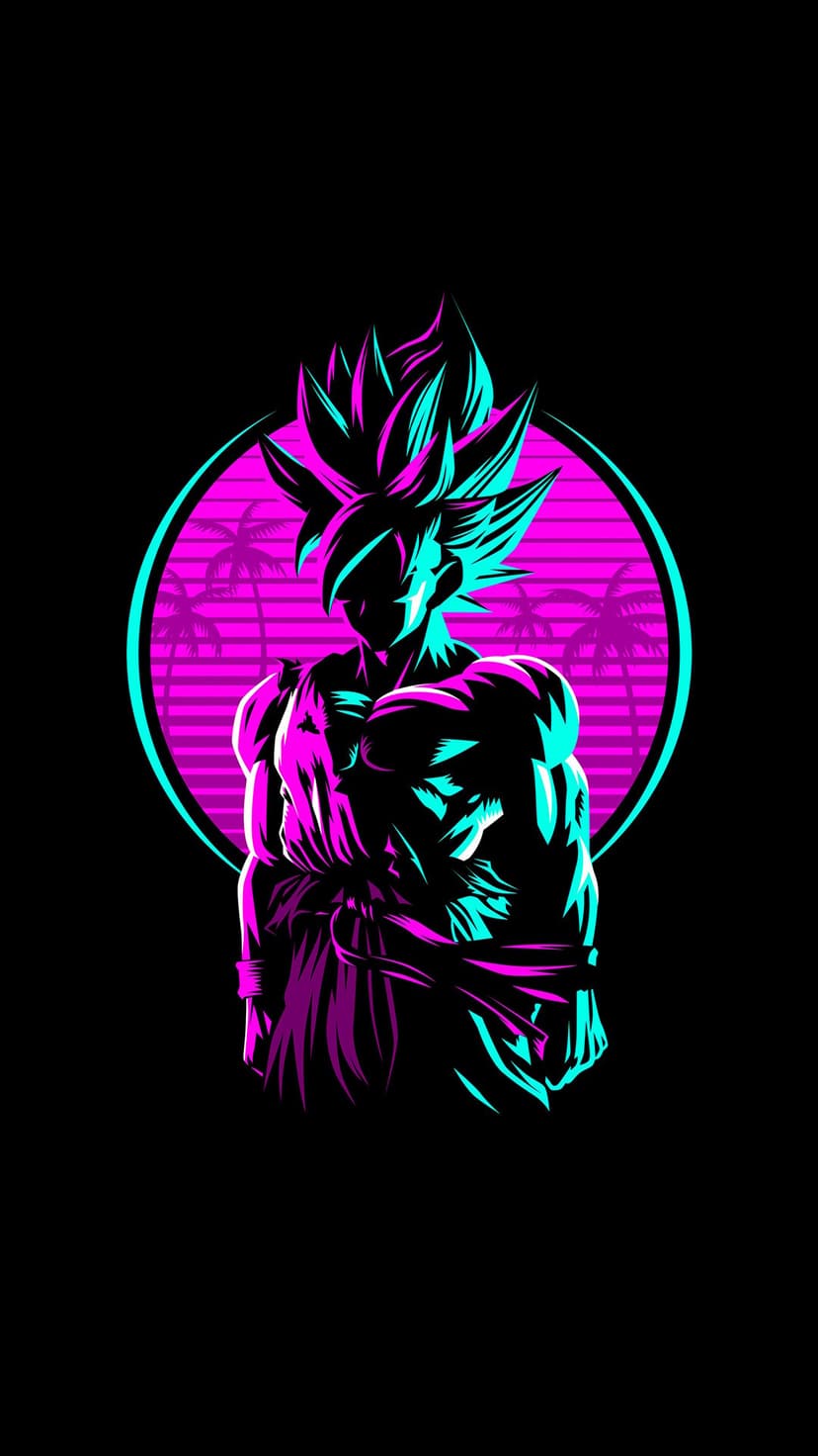 Super Saiyan Goku silhouetted by glowing neon lines against a pink circular sun and black palm tree shadows.