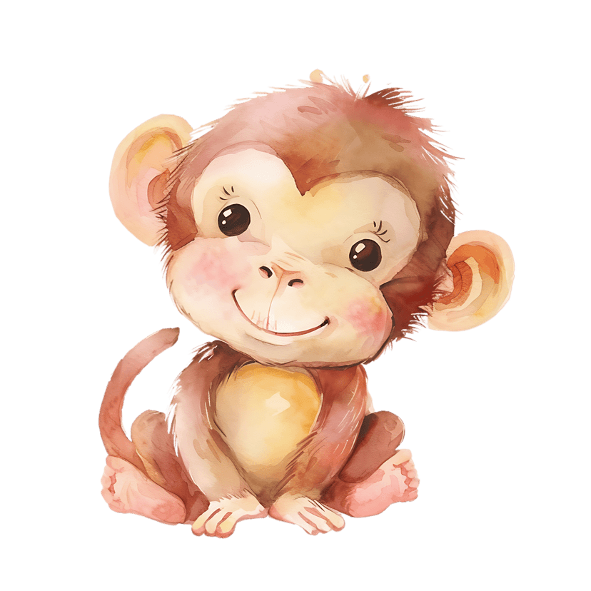 Watercolor monkey illustration sits upright showing soft brown painted textures and a transparent background.