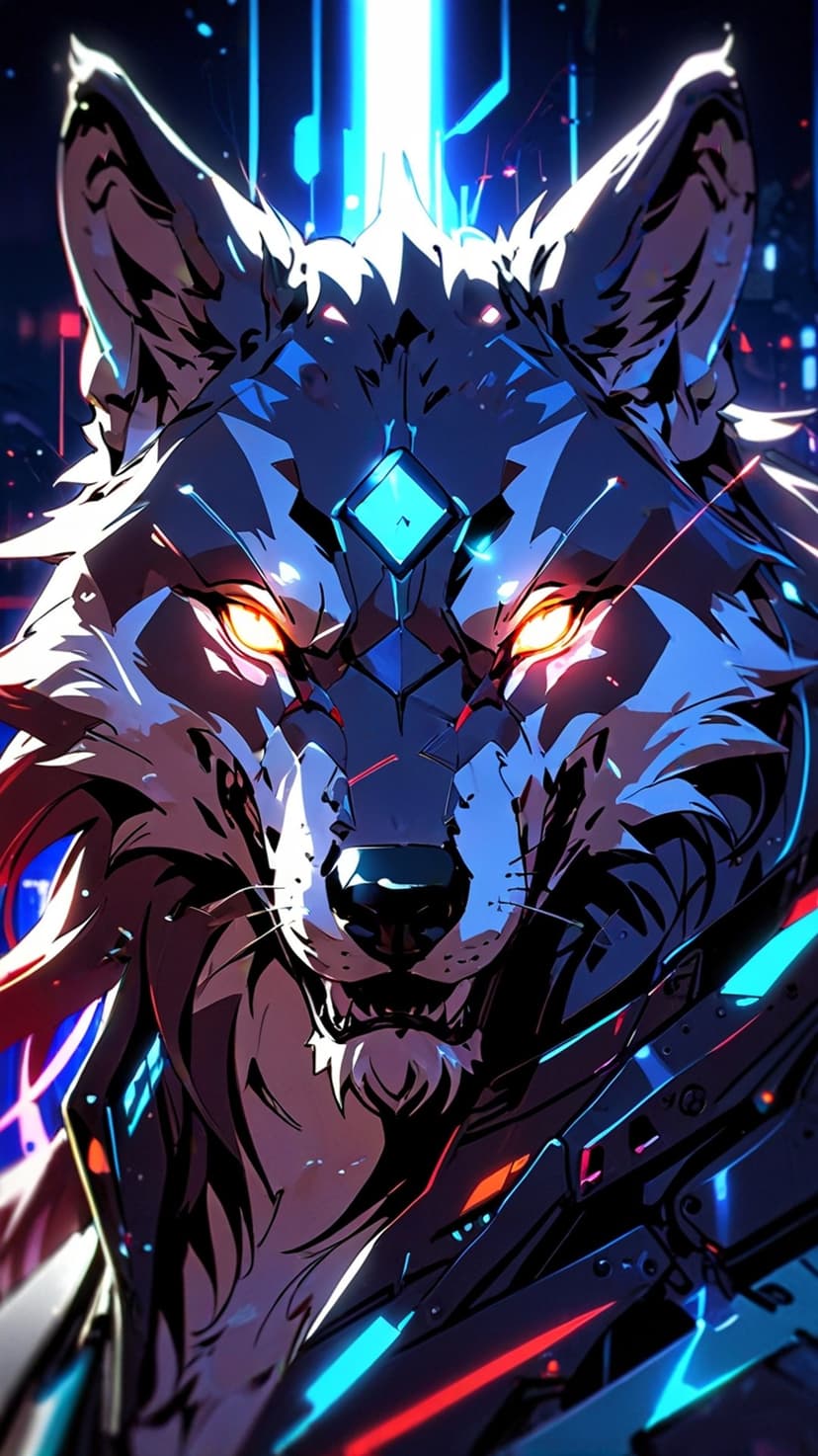 Cybernetic wolf with glowing orange eyes and angular neon blue armor plates against a dark abstract backdrop.