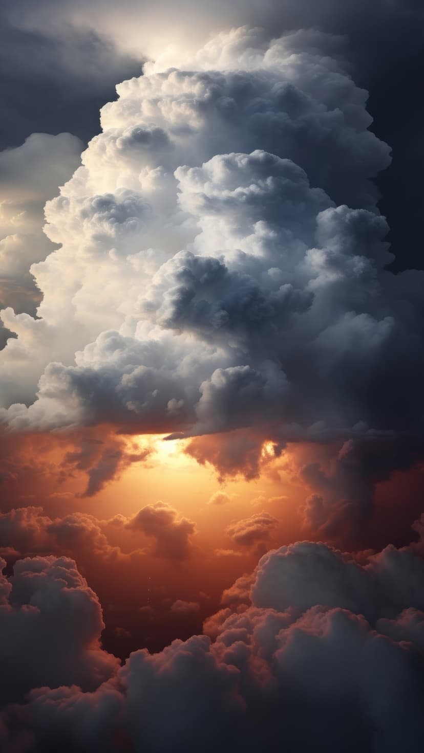 Fiery orange cumulonimbus clouds illuminated by sunset light beneath dark charcoal storm clouds in the sky.