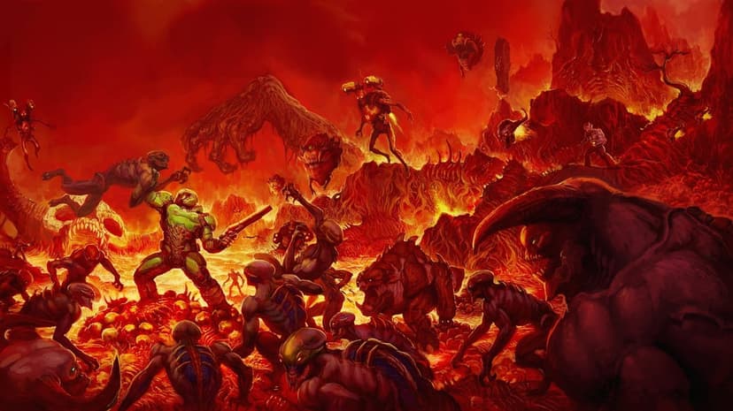 Doom Slayer in green armor fighting a horde of demons in a fiery hell landscape with lava and fire.