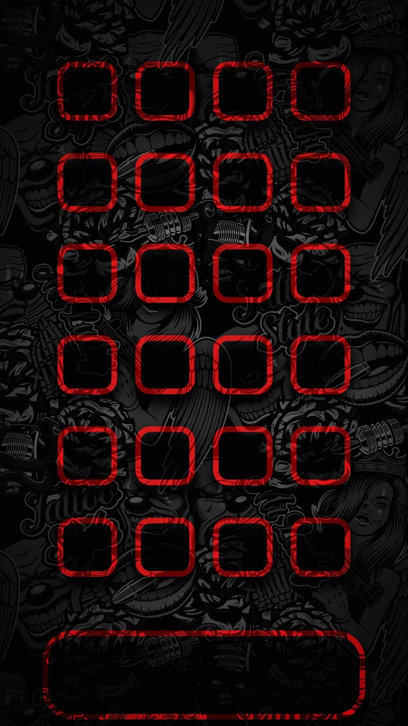 Skeletal tattoo heads in grey and black ink surrounded by thin red square frames for mobile app placement.