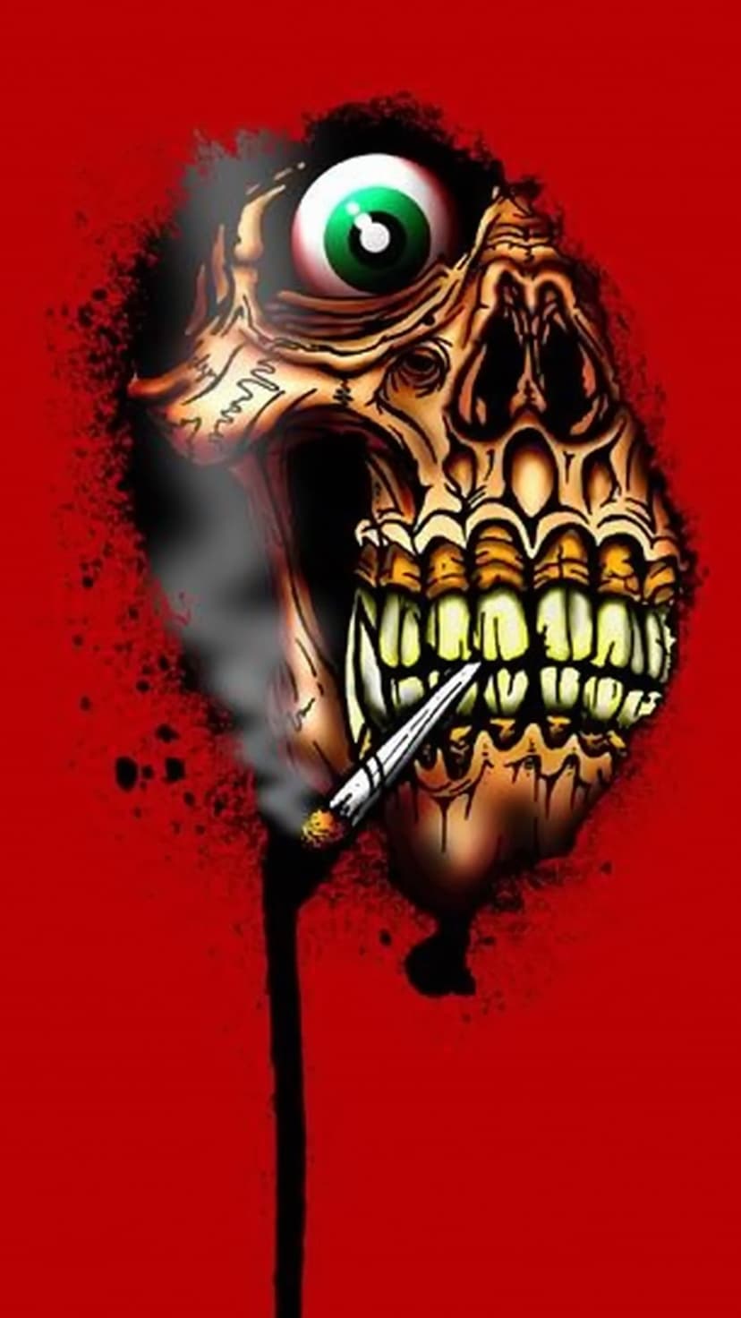 Zombie skull with a glowing green eye and smoking cigarette against a textured red and black background.