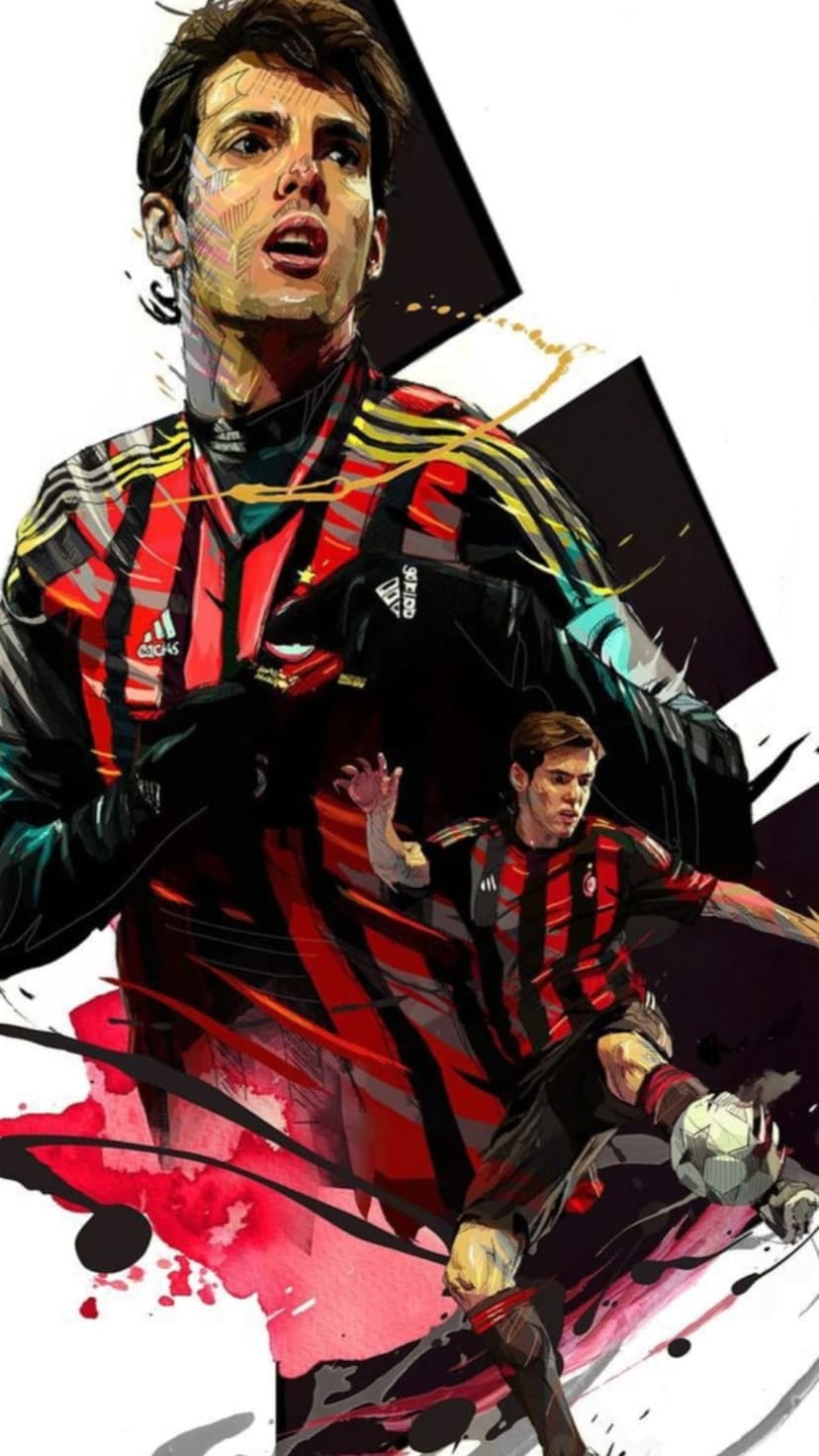 Ricardo Kaka in his red and black AC Milan jersey appears in two dynamic poses with artistic paint splatter effects.