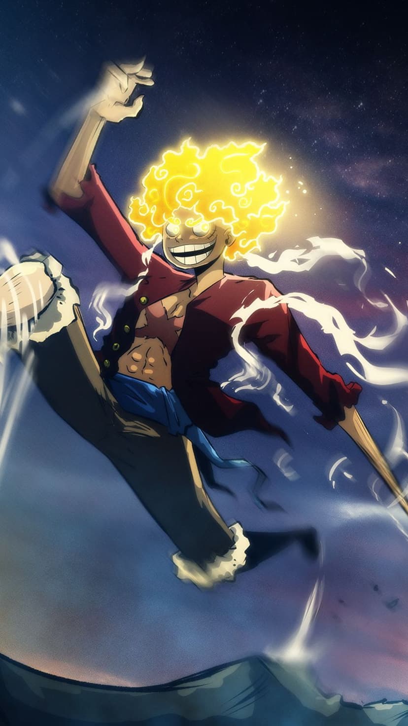 Monkey D. Luffy in Gear 5 form with glowing yellow hair and a fiery aura strikes a pose under a starry night sky.