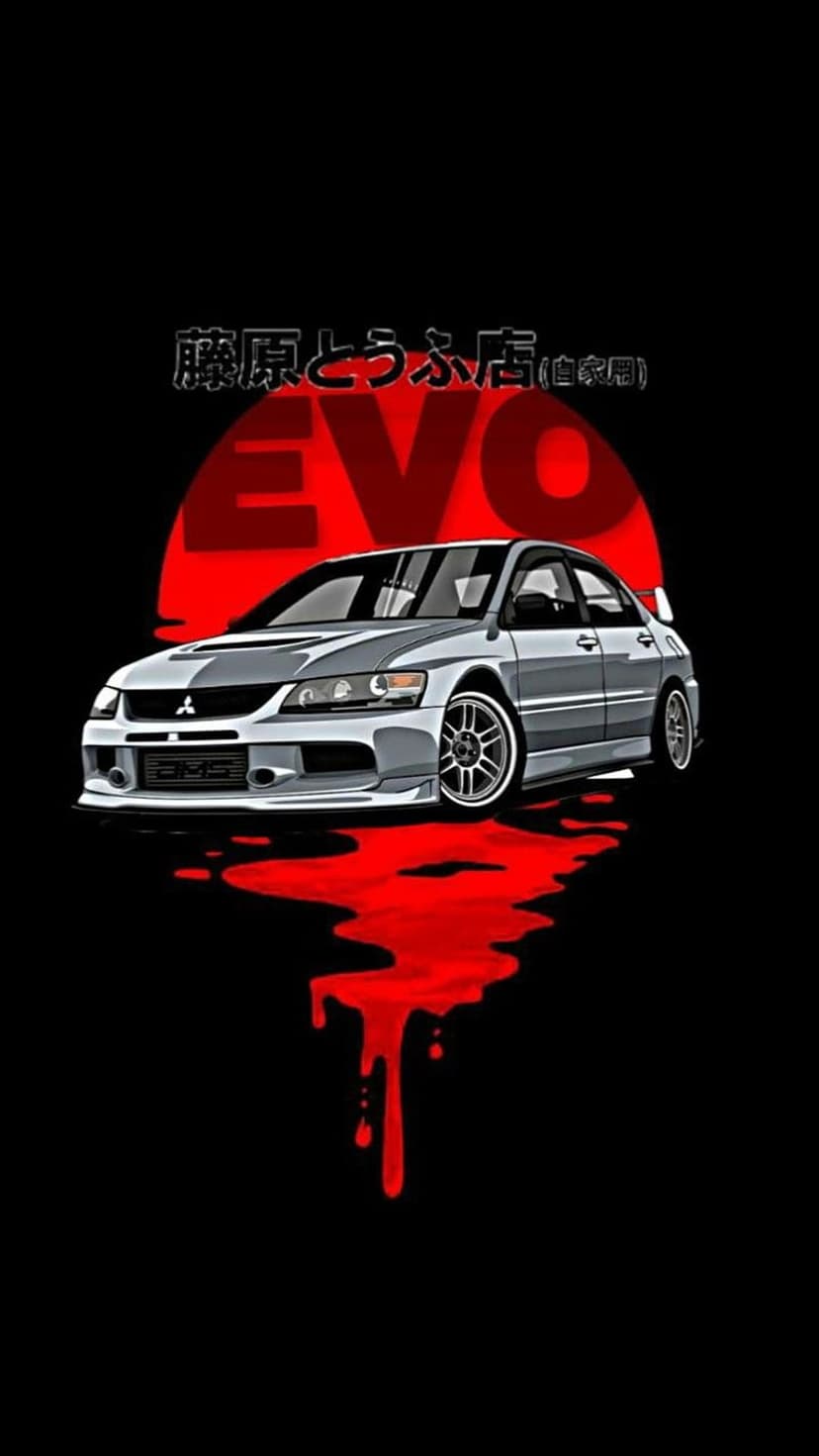 Mitsubishi Lancer Evolution with silver paint, red abstract splashes, and vertical Japanese text on the side.